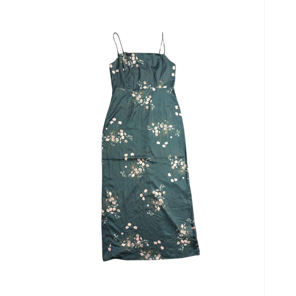💜SALE💜Emerald Green Satin Floral Sleeveless Maxi Dress, Sexy Slit Dress Size M